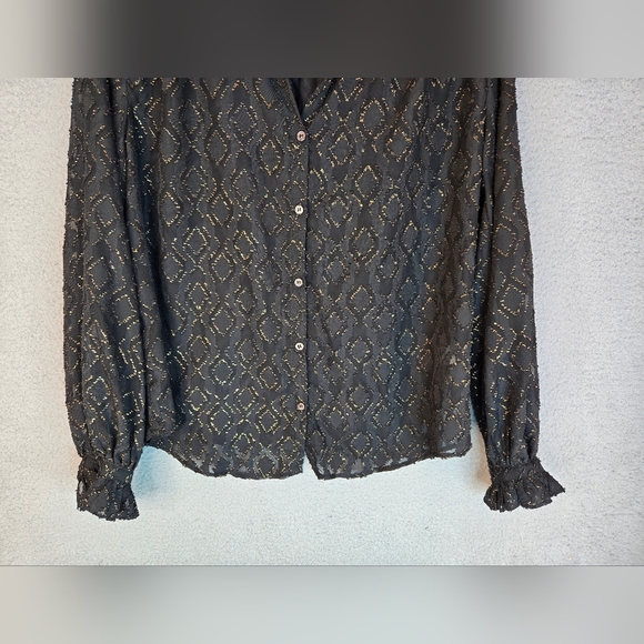 Vince Camuto Women's Blouse Sz M Black Burnout With Sparkle Gold Front Button - Picture 3 of 11